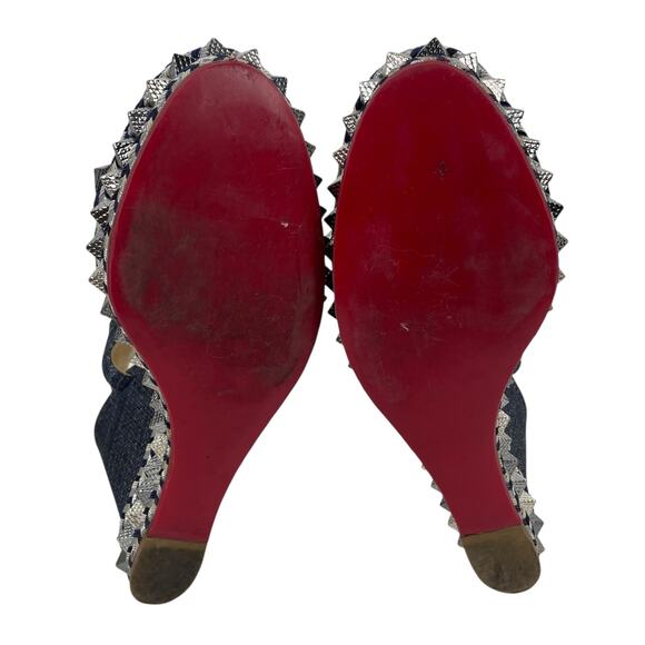 Christian Louboutin Lame Lux Pyraclou 110 Denim Wedge Sandal Blue Size 41 - Picture 7 of 12